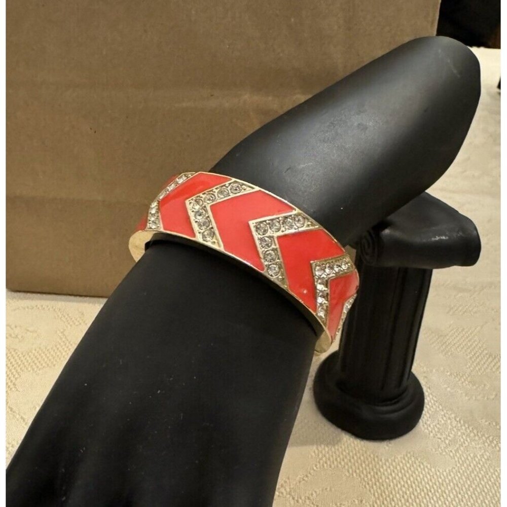 Ann Taylor Bracelet Bangle Enamel Red Crystals Hinged Clamper Cuff